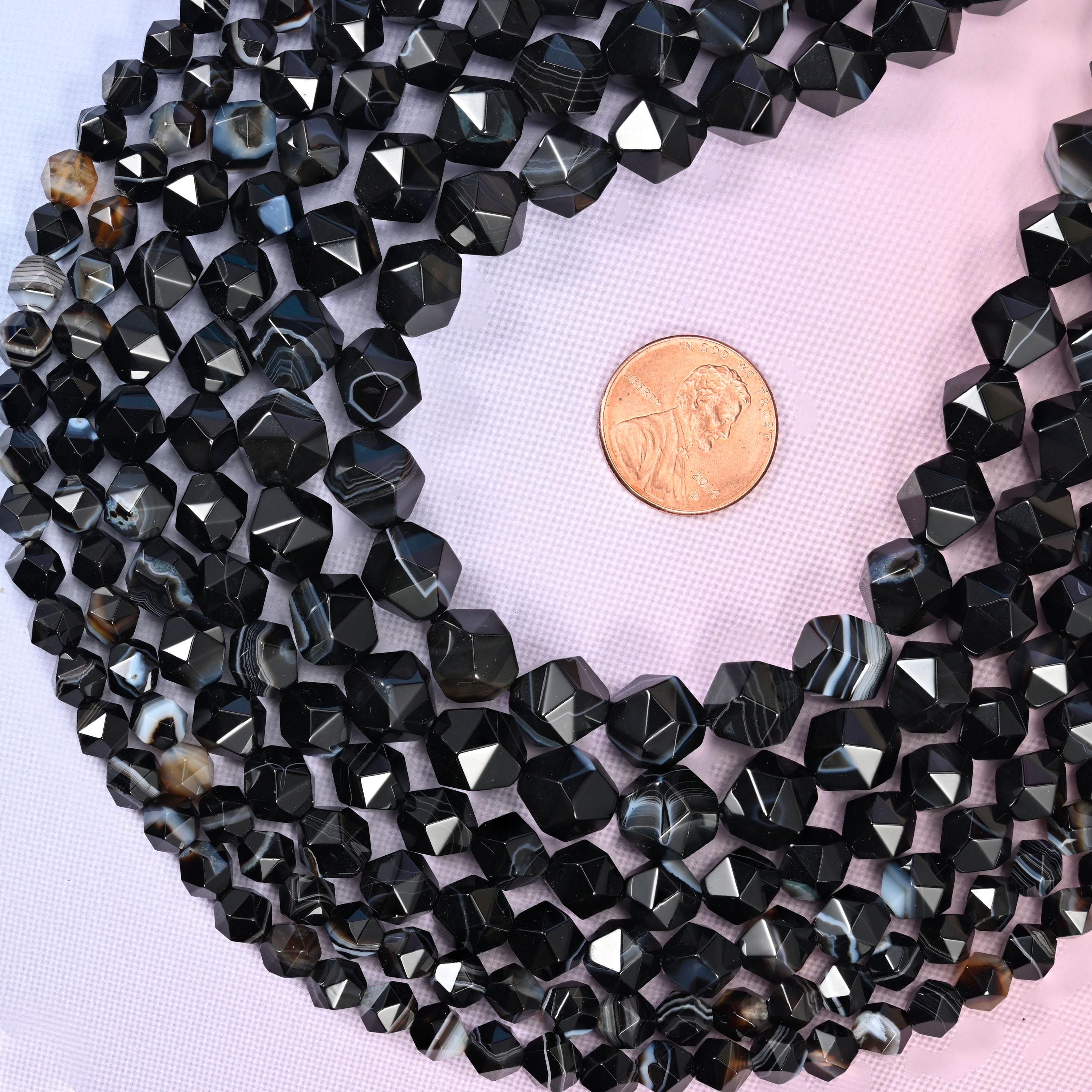 Black Strip Agate Beads: Faceted Diamond Star Cut, 6-10mm, 15.5 inch Strand