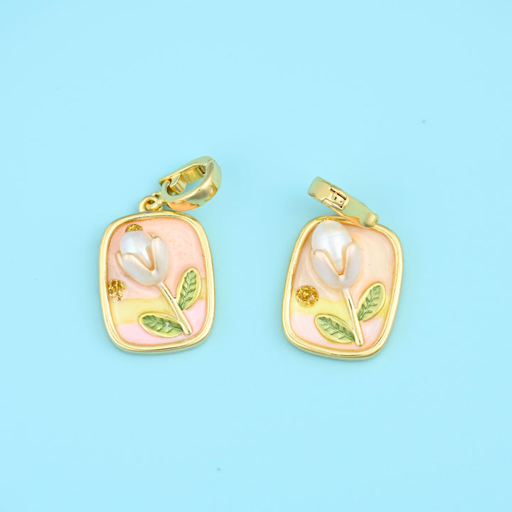Rectangle Tulip Flower Pendants, 18K Gold Filled Charms for DIY Jewelry Making Supply