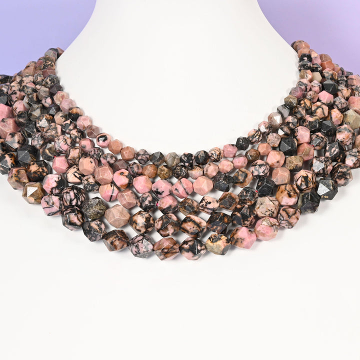 Rhodonite Beads: Faceted Diamond Star Cut, 6-10mm, 15.5 inch Strand