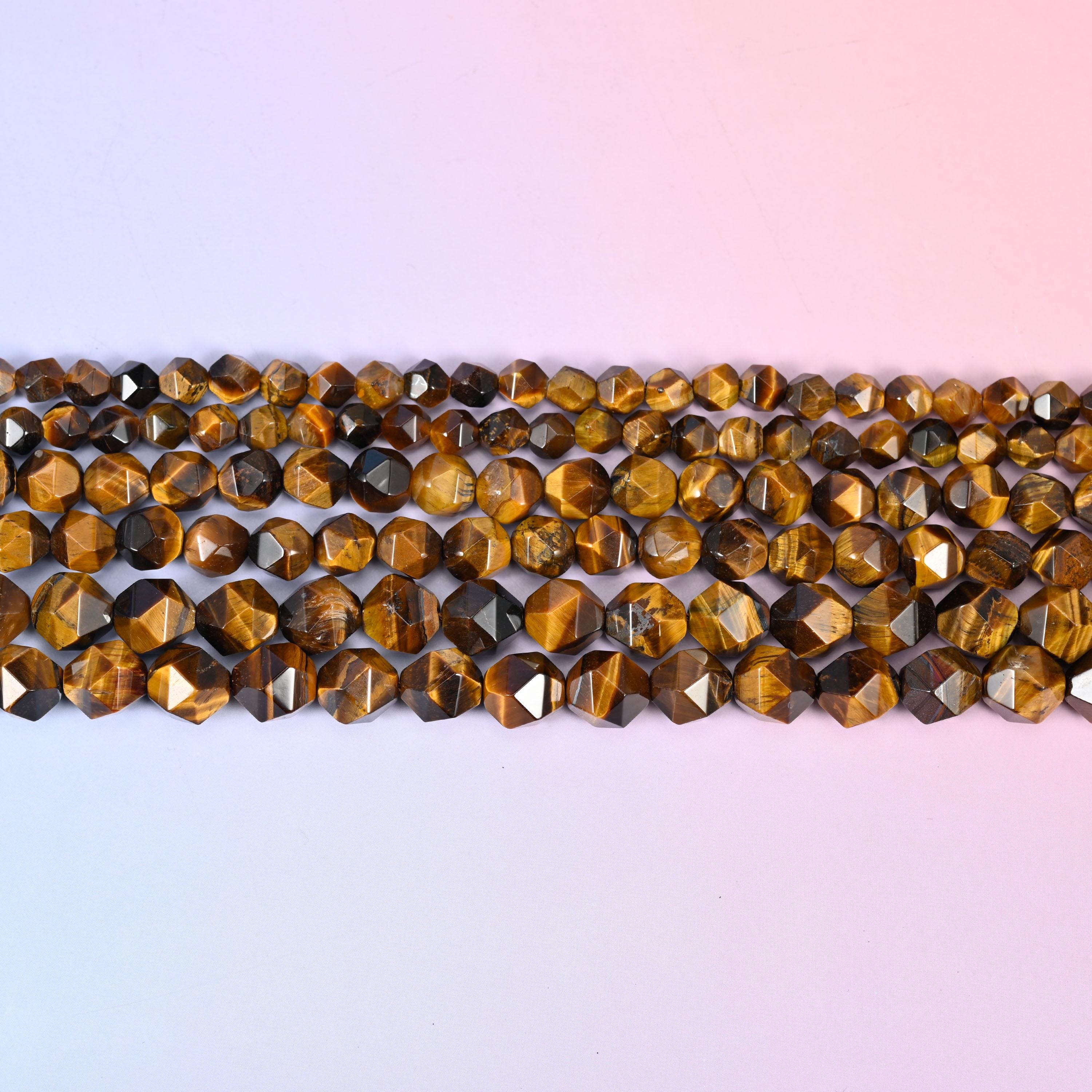 Tiger Eye Beads: Faceted Diamond Star Cut, 6-10mm, 15.5 inch Strand