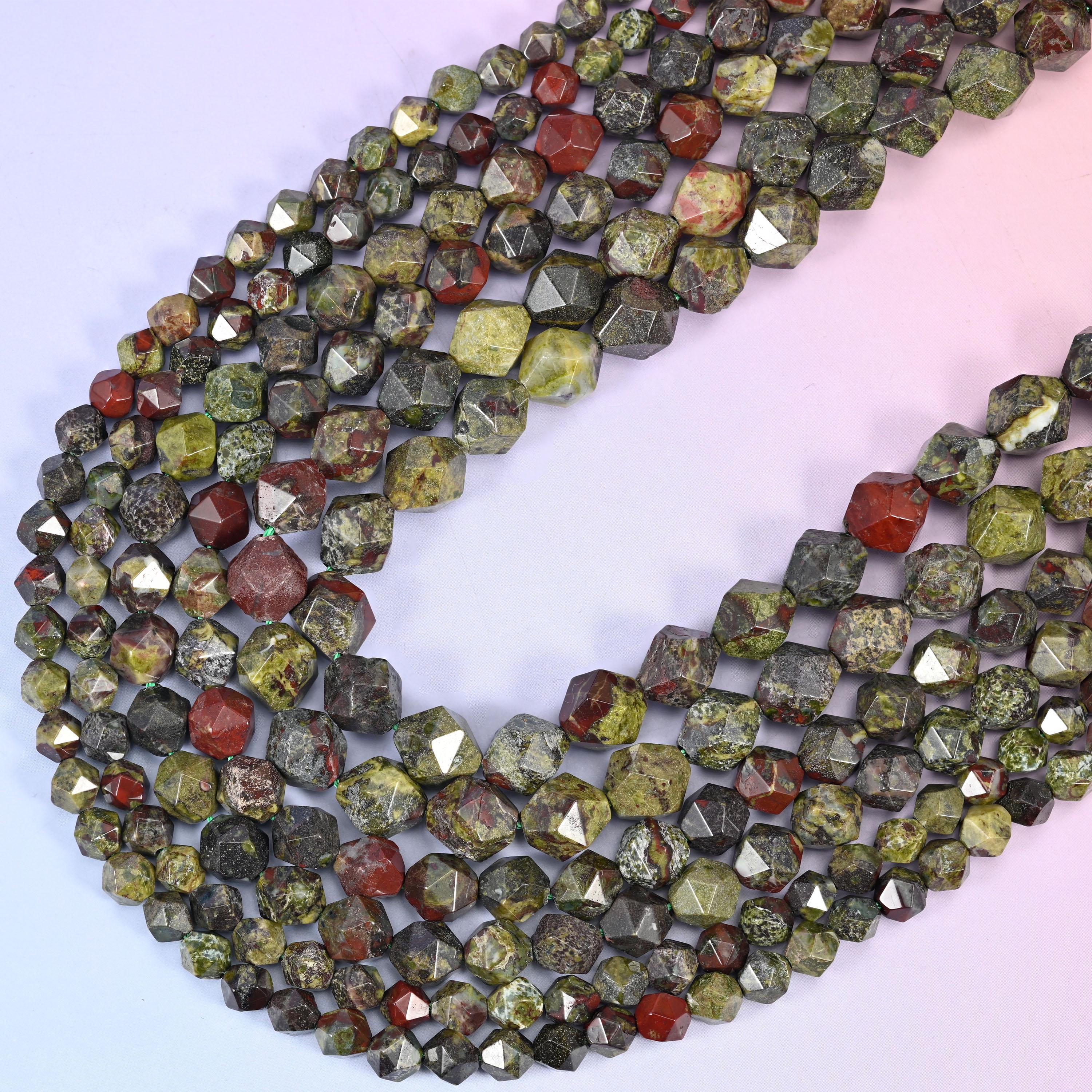 Dragon Bloodstone Beads: Faceted Diamond Star Cut, 6-10mm, 15.5 inch Strand