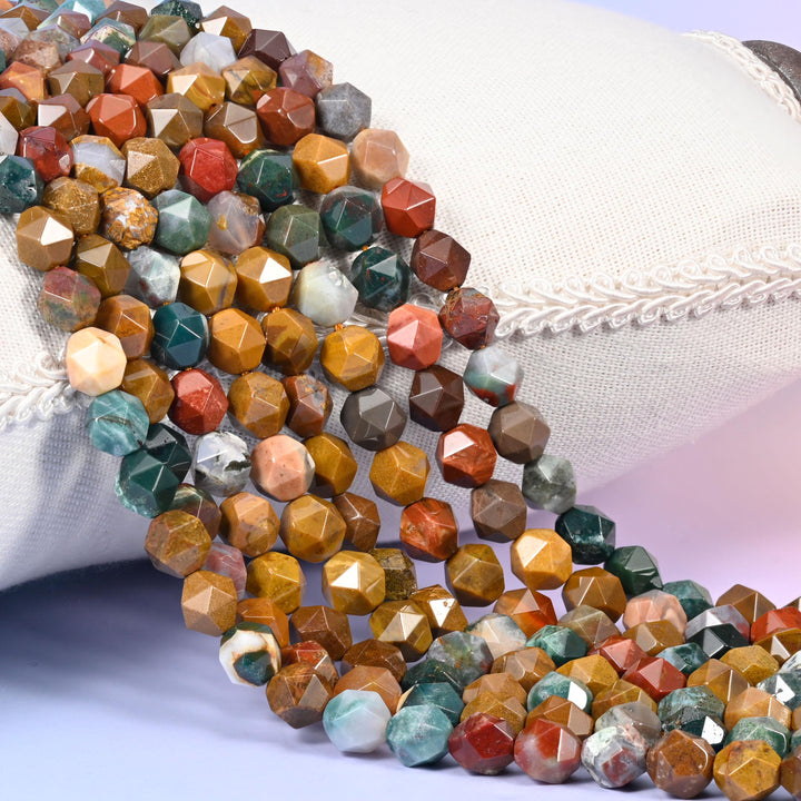 Ocean Agate Beads: Faceted Diamond Star Cut, 6-10mm, 15.5 inch Strand