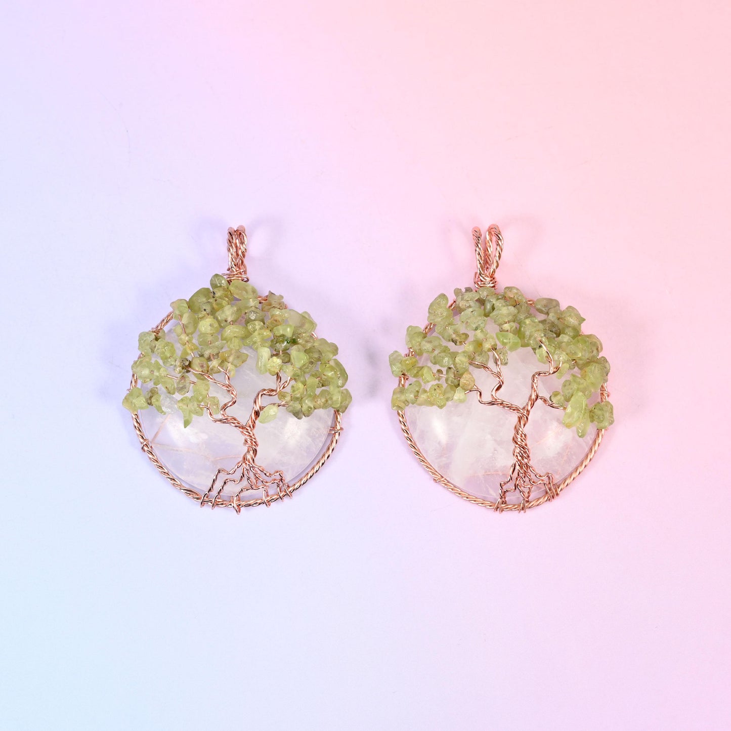 Gemstone Round Pendants with Copper Wired Tree of Life Chip Gemstone