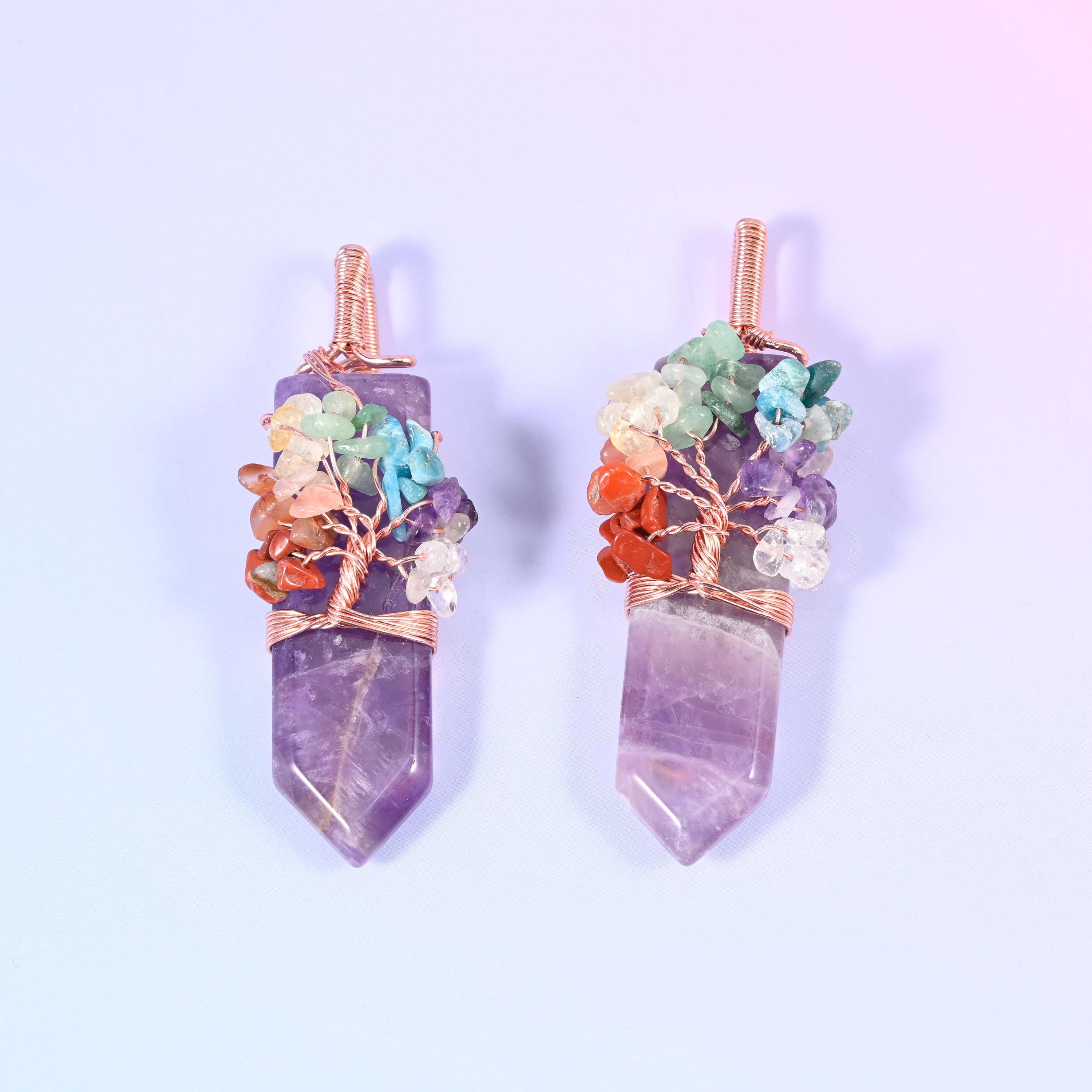 Copper Wired Chakra Tree Stone Pendants