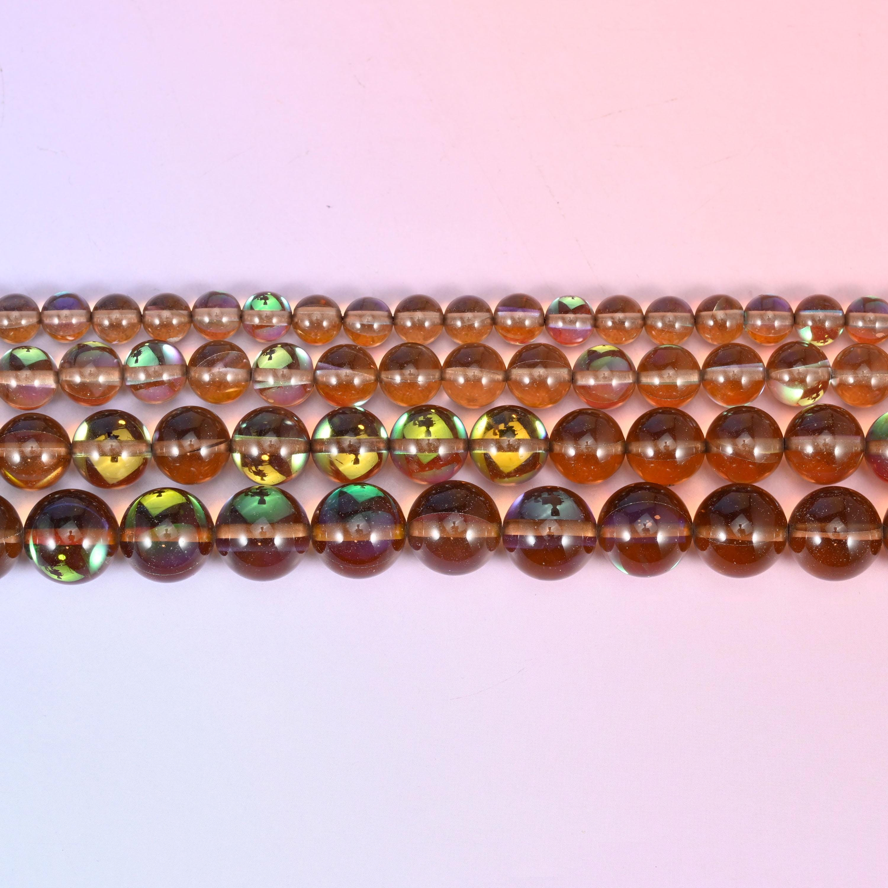 Mystic Aura Brown Round Glass Beads: Iridescent Jewelry Making Supply, 15 Inch Strand