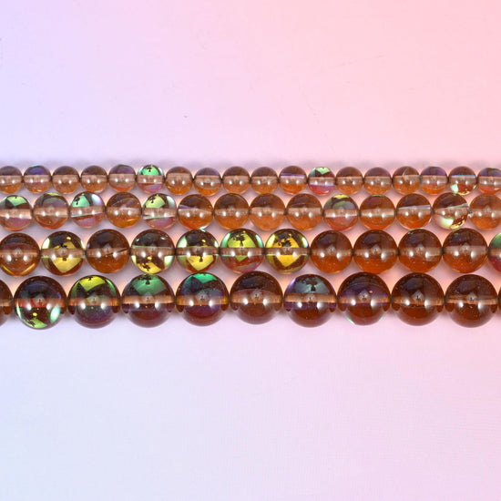 Mystic Aura Brown Round Glass Beads: Iridescent Jewelry Making Supply, 15 Inch Strand