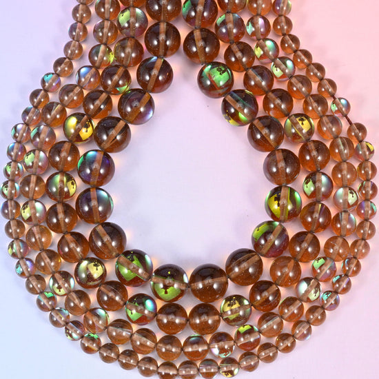 Mystic Aura Brown Round Glass Beads: Iridescent Jewelry Making Supply, 15 Inch Strand