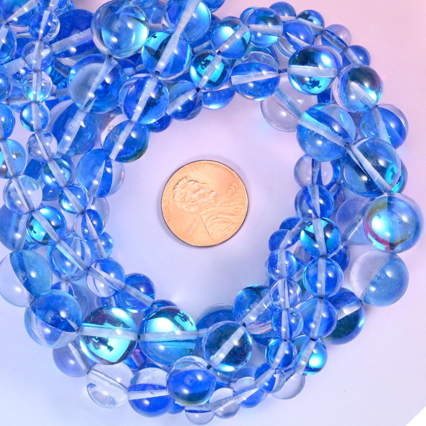 Mystic Aura Blue Round Glass Beads: Iridescent Jewelry Making Supply, 15 Inch Strand