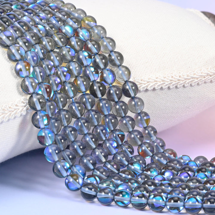 Mystic Aura Gray Round Glass Beads: Iridescent Jewelry Making Supply, 15 Inch Strand