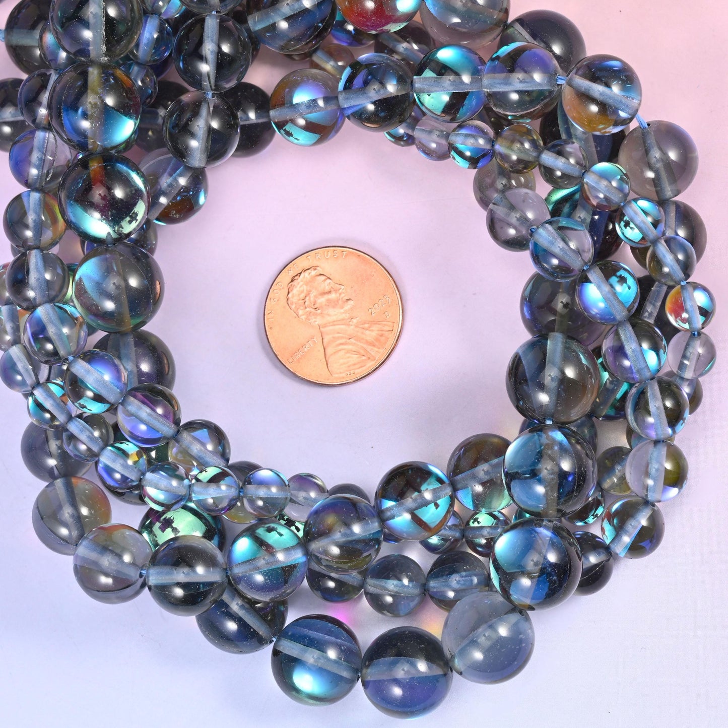 Mystic Aura Gray Round Glass Beads: Iridescent Jewelry Making Supply, 15 Inch Strand