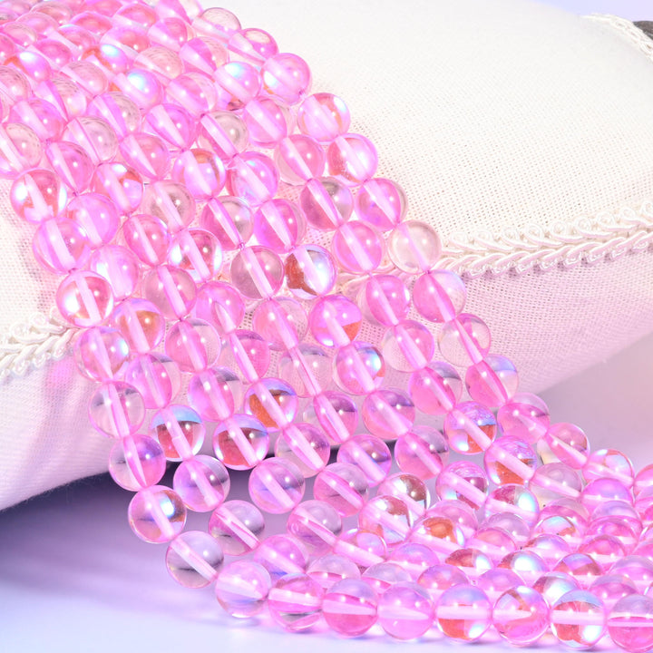 Mystic Aura Pink Round Glass Beads: Iridescent Jewelry Making Supply, 15 Inch Strand