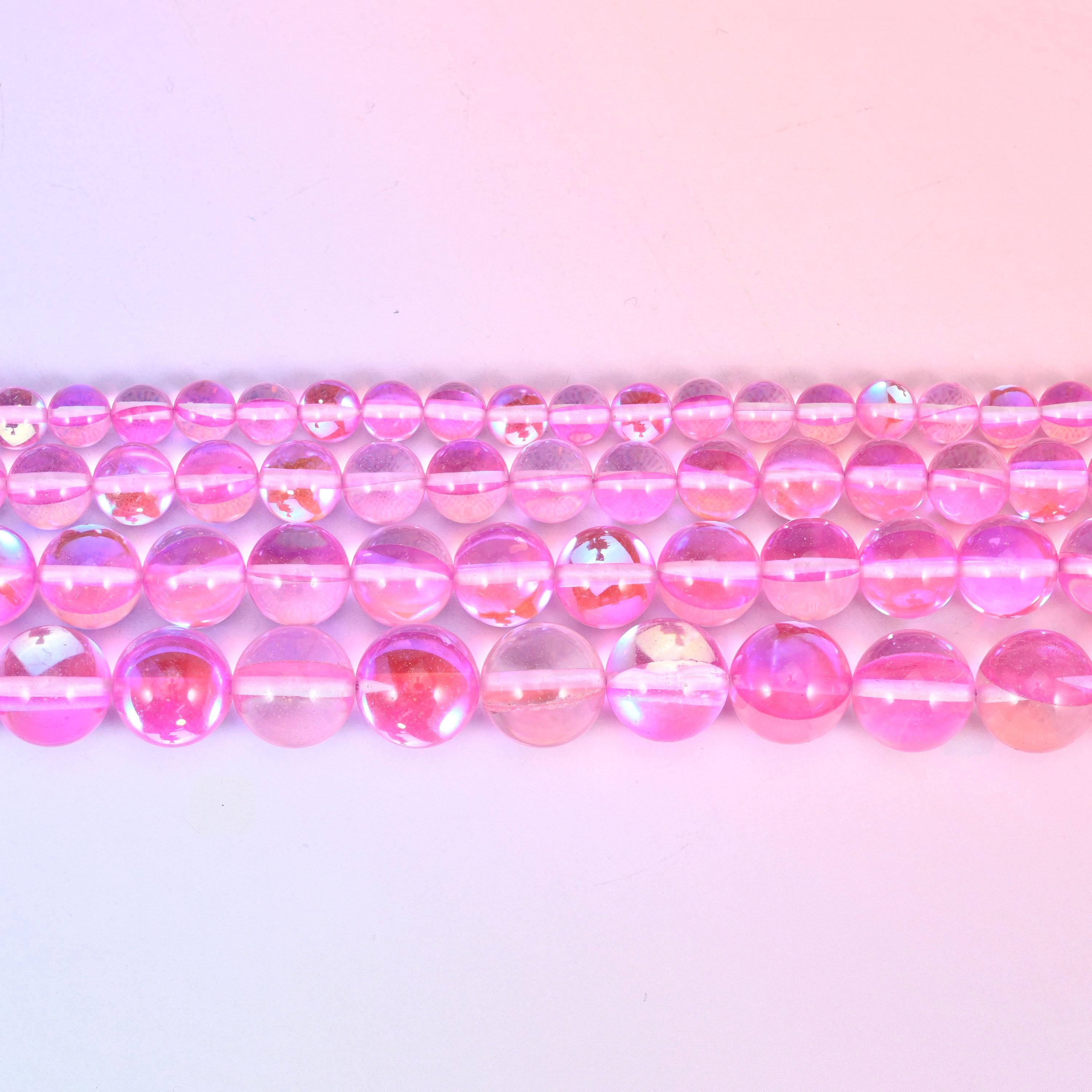Mystic Aura Pink Round Glass Beads: Iridescent Jewelry Making Supply, 15 Inch Strand