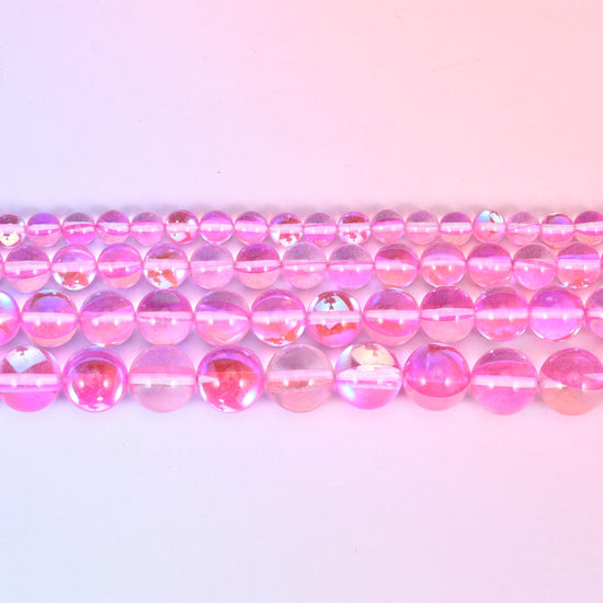 Mystic Aura Pink Round Glass Beads: Iridescent Jewelry Making Supply, 15 Inch Strand