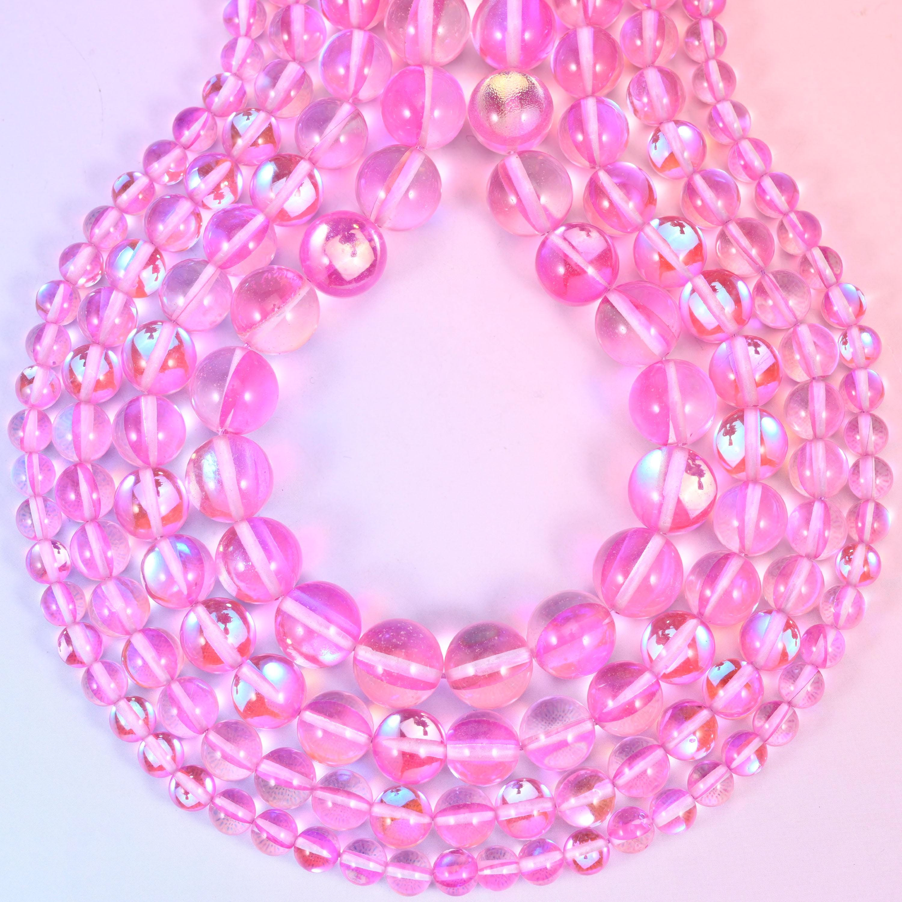 Mystic Aura Pink Round Glass Beads: Iridescent Jewelry Making Supply, 15 Inch Strand