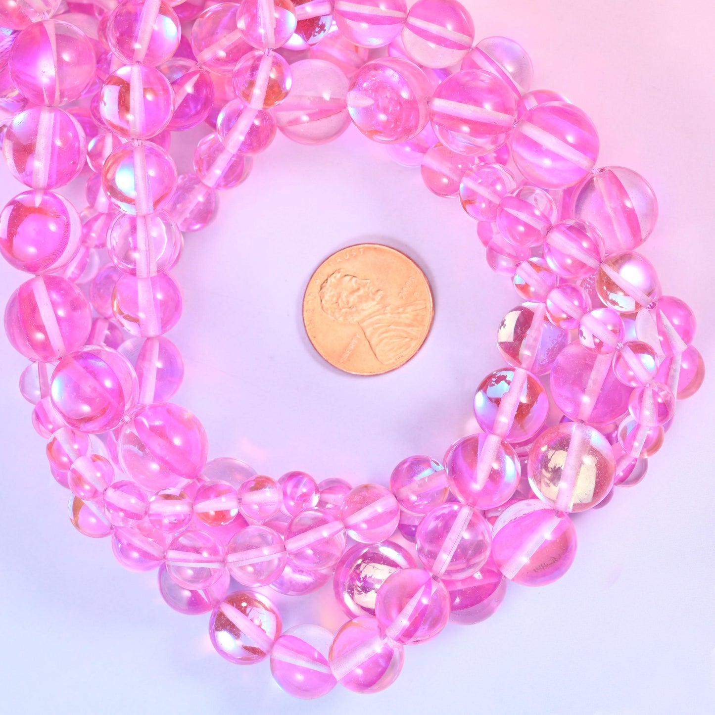 Mystic Aura Pink Round Glass Beads: Iridescent Jewelry Making Supply, 15 Inch Strand