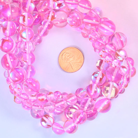 Mystic Aura Pink Round Glass Beads: Iridescent Jewelry Making Supply, 15 Inch Strand
