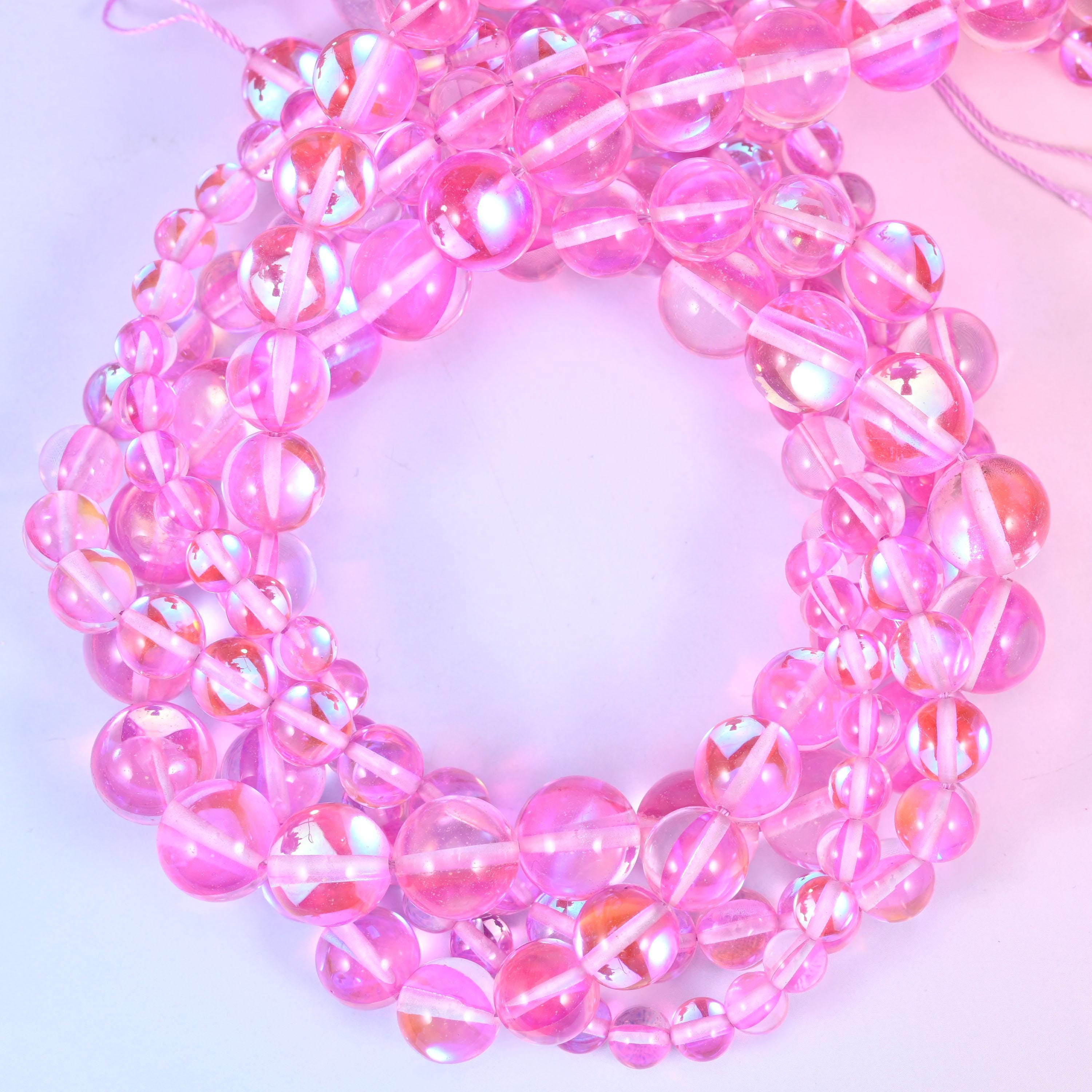 Mystic Aura Pink Round Glass Beads: Iridescent Jewelry Making Supply, 15 Inch Strand