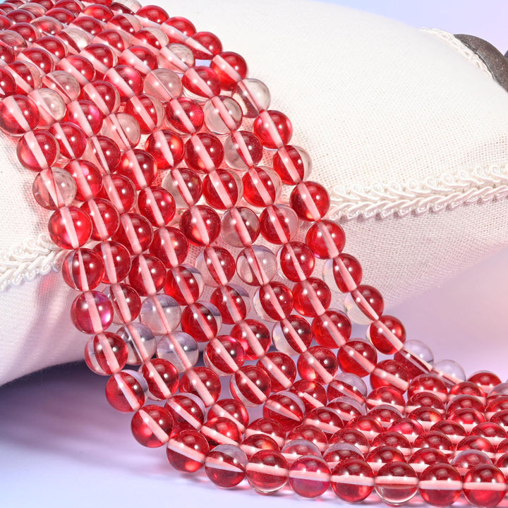 Mystic Aura Red Round Glass Beads: Iridescent Jewelry Making Supply, 15 Inch Strand