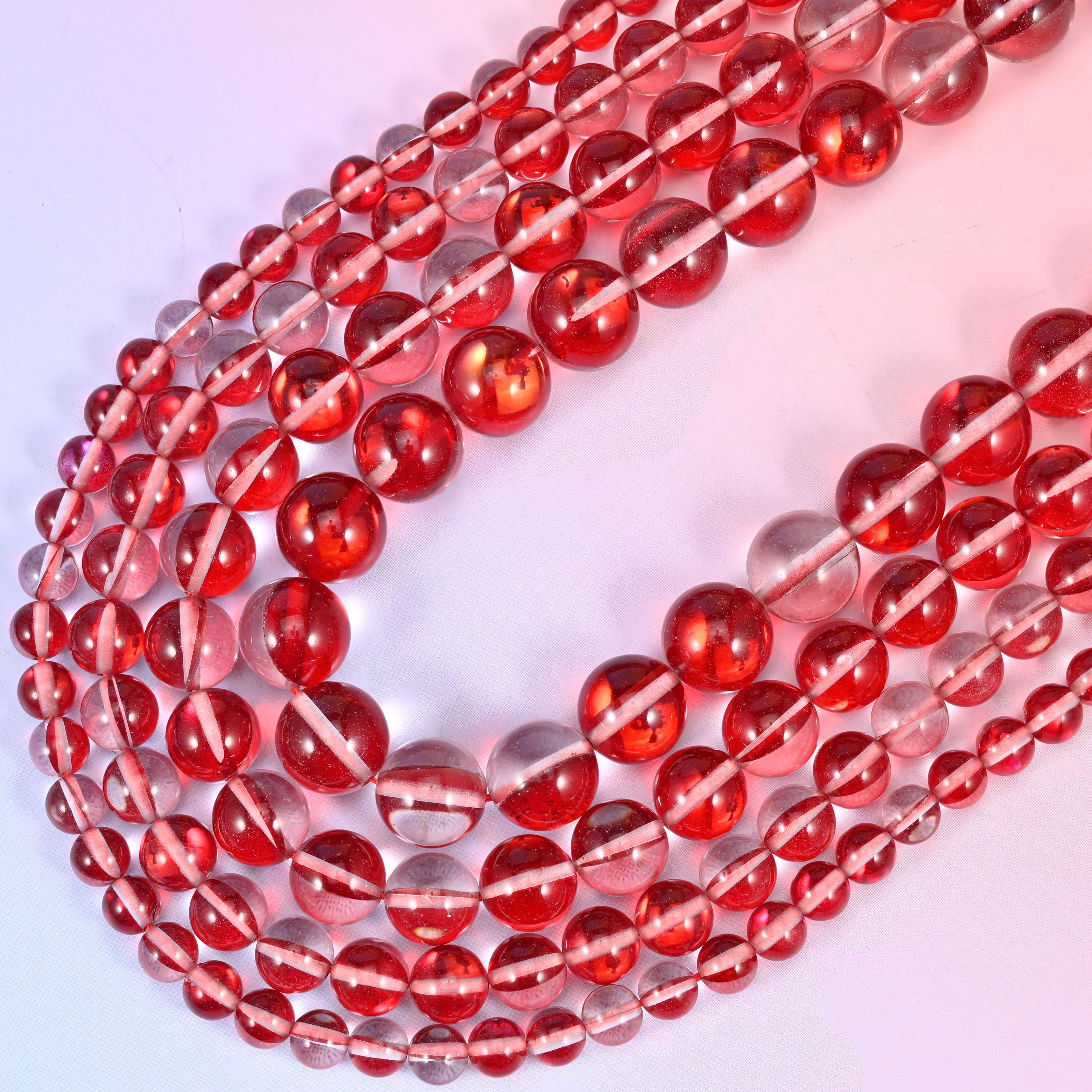Mystic Aura Red Round Glass Beads: Iridescent Jewelry Making Supply, 15 Inch Strand