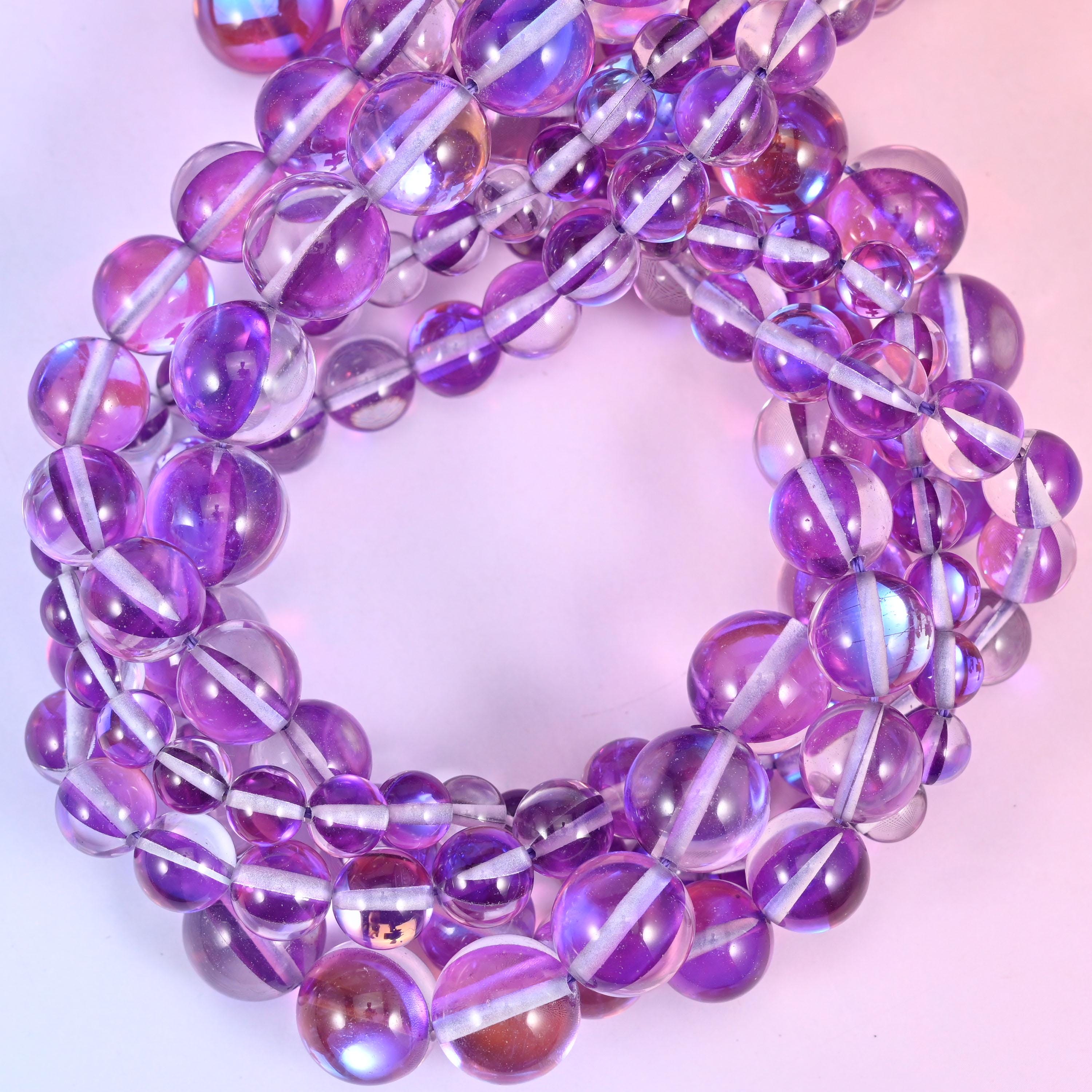Mystic Aura Purple Round Glass Beads: Iridescent Jewelry Making Supply, 15 Inch Strand