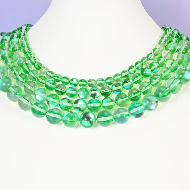 Mystic Aura Green Round Glass Beads: Iridescent Jewelry Making Supply, 15 Inch Strand