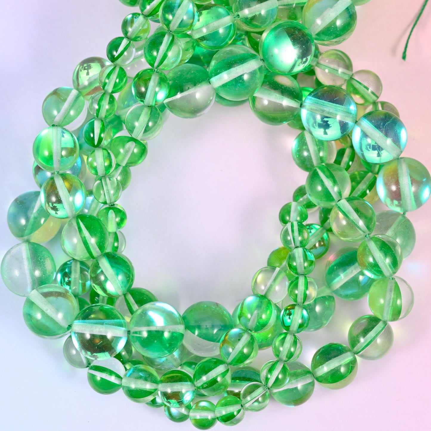 Mystic Aura Green Round Glass Beads: Iridescent Jewelry Making Supply, 15 Inch Strand