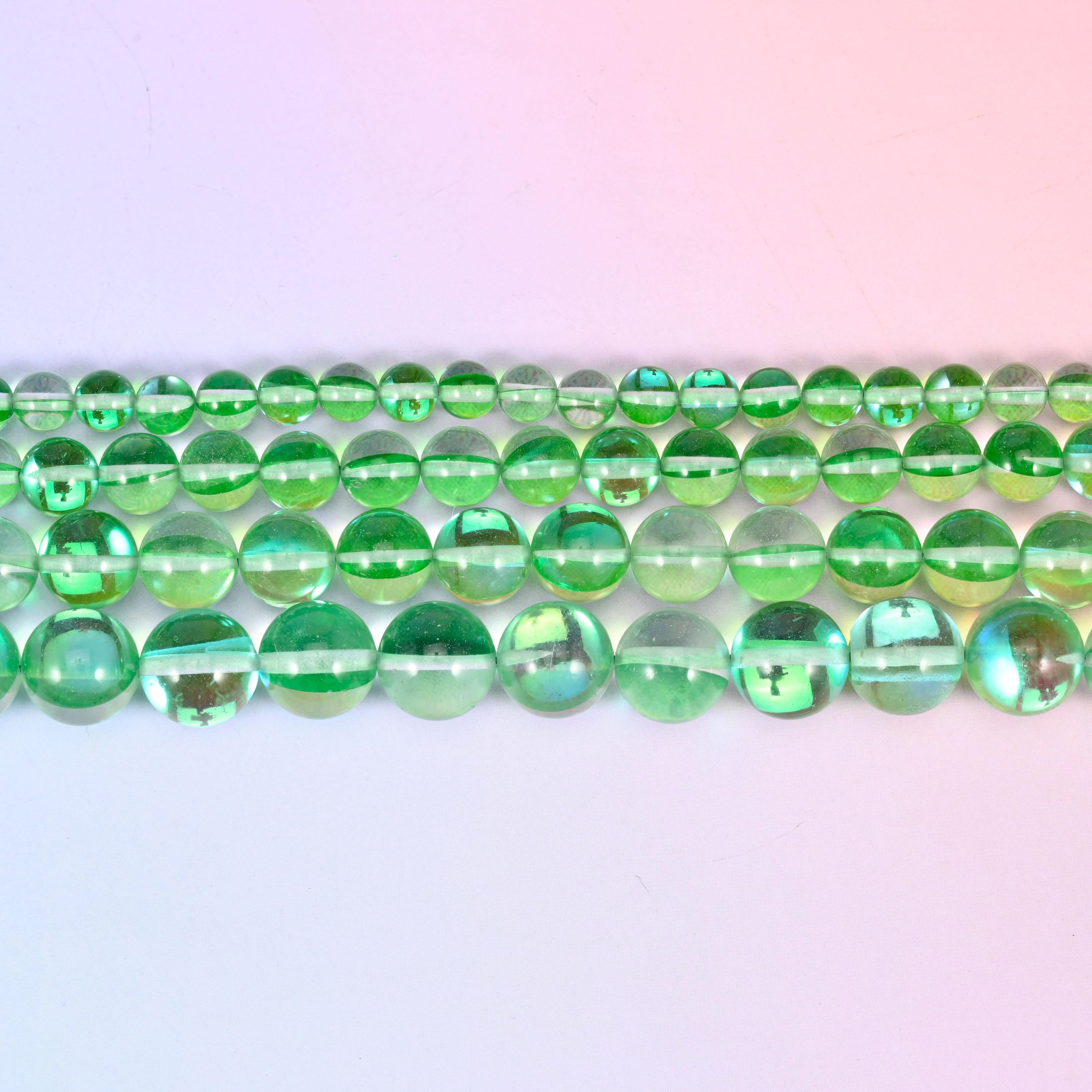 Mystic Aura Green Round Glass Beads: Iridescent Jewelry Making Supply, 15 Inch Strand