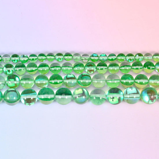 Mystic Aura Green Round Glass Beads: Iridescent Jewelry Making Supply, 15 Inch Strand