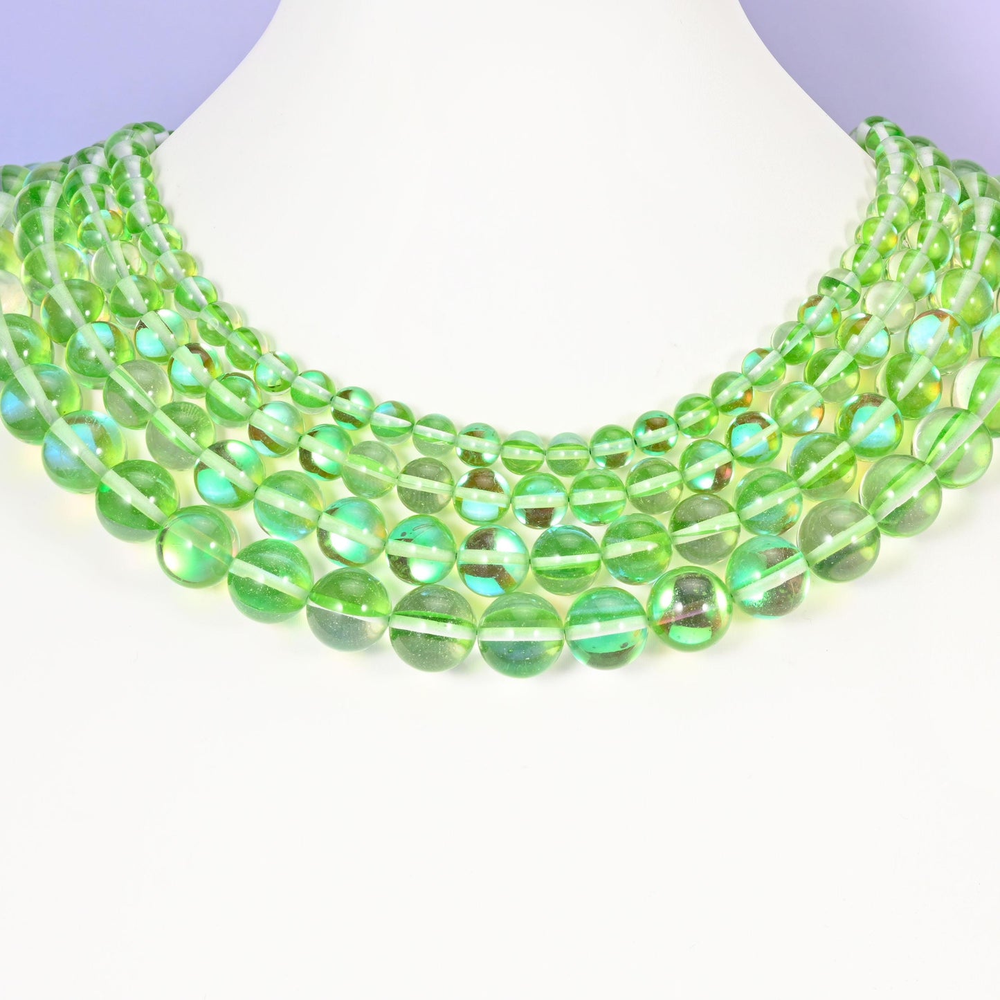 Mystic Aura Light Green Round Glass Beads: Iridescent Jewelry Making Supply, 15 Inch Strand