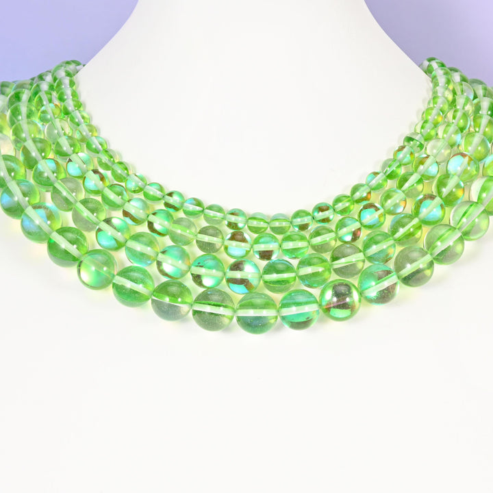 Mystic Aura Light Green Round Glass Beads: Iridescent Jewelry Making Supply, 15 Inch Strand