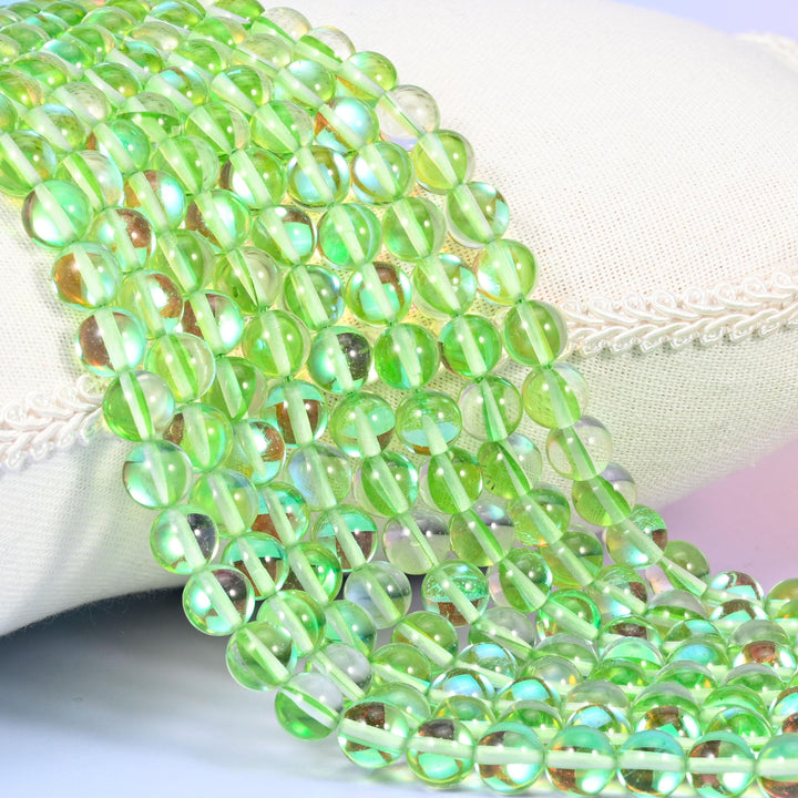 Mystic Aura Light Green Round Glass Beads: Iridescent Jewelry Making Supply, 15 Inch Strand