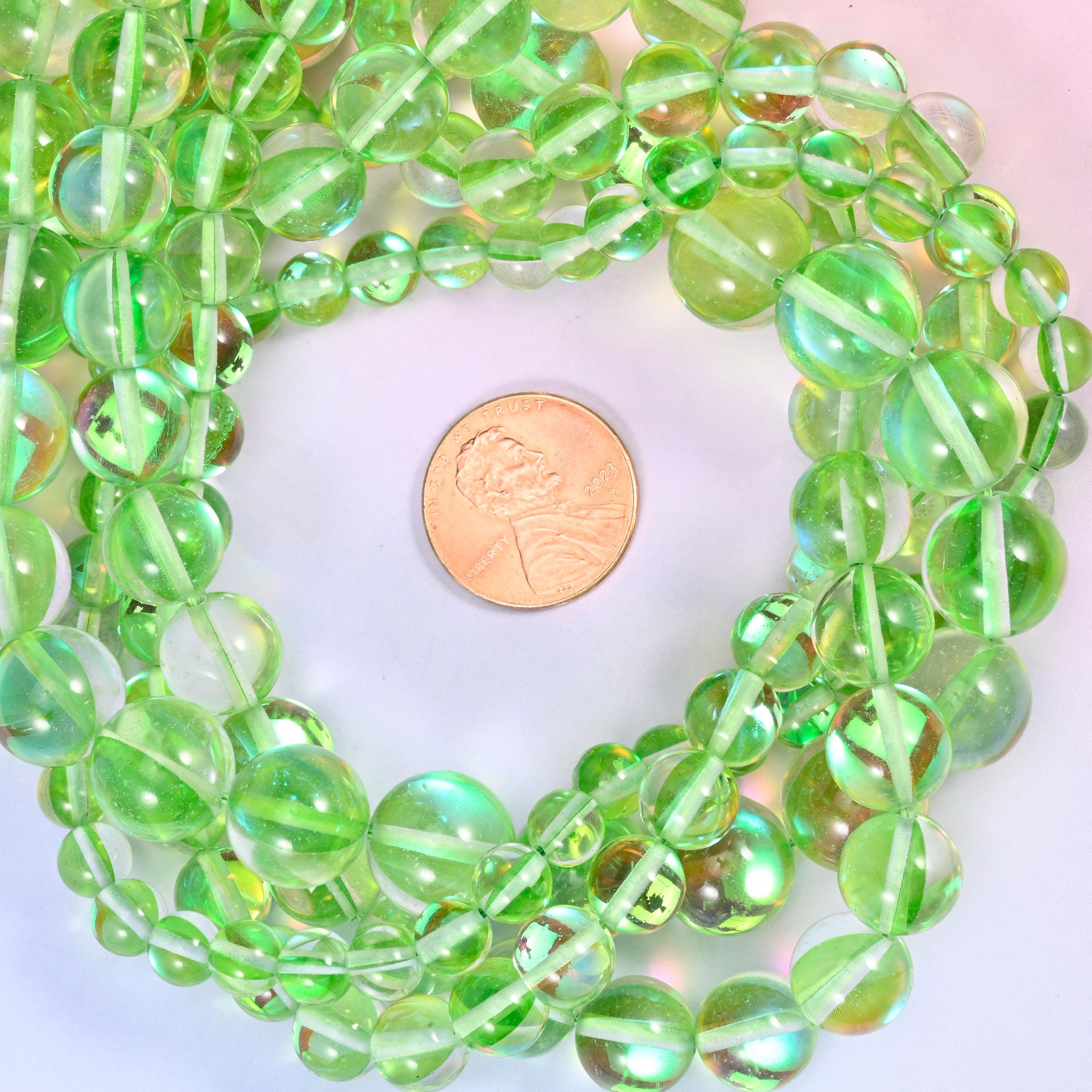 Mystic Aura Light Green Round Glass Beads: Iridescent Jewelry Making Supply, 15 Inch Strand