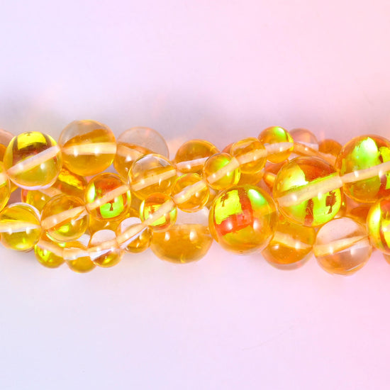 Mystic Aura Yellow Round Glass Beads: Iridescent Jewelry Making Supply, 15 Inch Strand