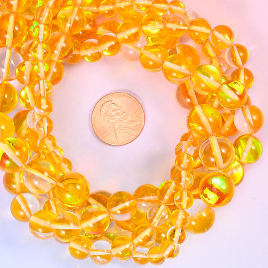 Mystic Aura Yellow Round Glass Beads: Iridescent Jewelry Making Supply, 15 Inch Strand