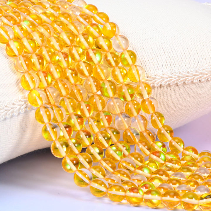 Mystic Aura Yellow Round Glass Beads: Iridescent Jewelry Making Supply, 15 Inch Strand