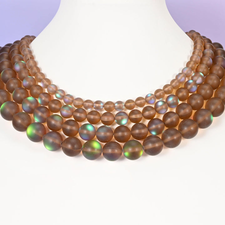 Mystic Aura Matte Brown Round Glass Beads: Iridescent Jewelry Making Supply, 15 Inch Strand