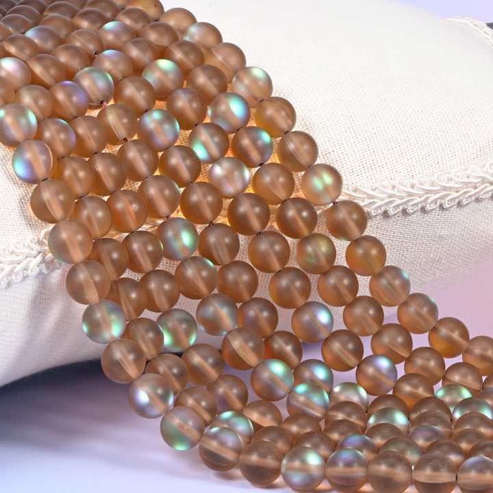 Mystic Aura Matte Brown Round Glass Beads: Iridescent Jewelry Making Supply, 15 Inch Strand
