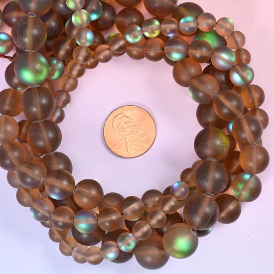 Mystic Aura Matte Brown Round Glass Beads: Iridescent Jewelry Making Supply, 15 Inch Strand