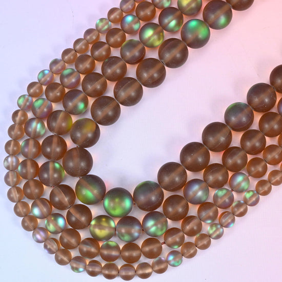 Mystic Aura Matte Brown Round Glass Beads: Iridescent Jewelry Making Supply, 15 Inch Strand
