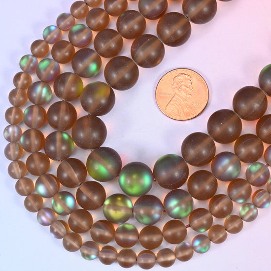 Mystic Aura Matte Brown Round Glass Beads: Iridescent Jewelry Making Supply, 15 Inch Strand