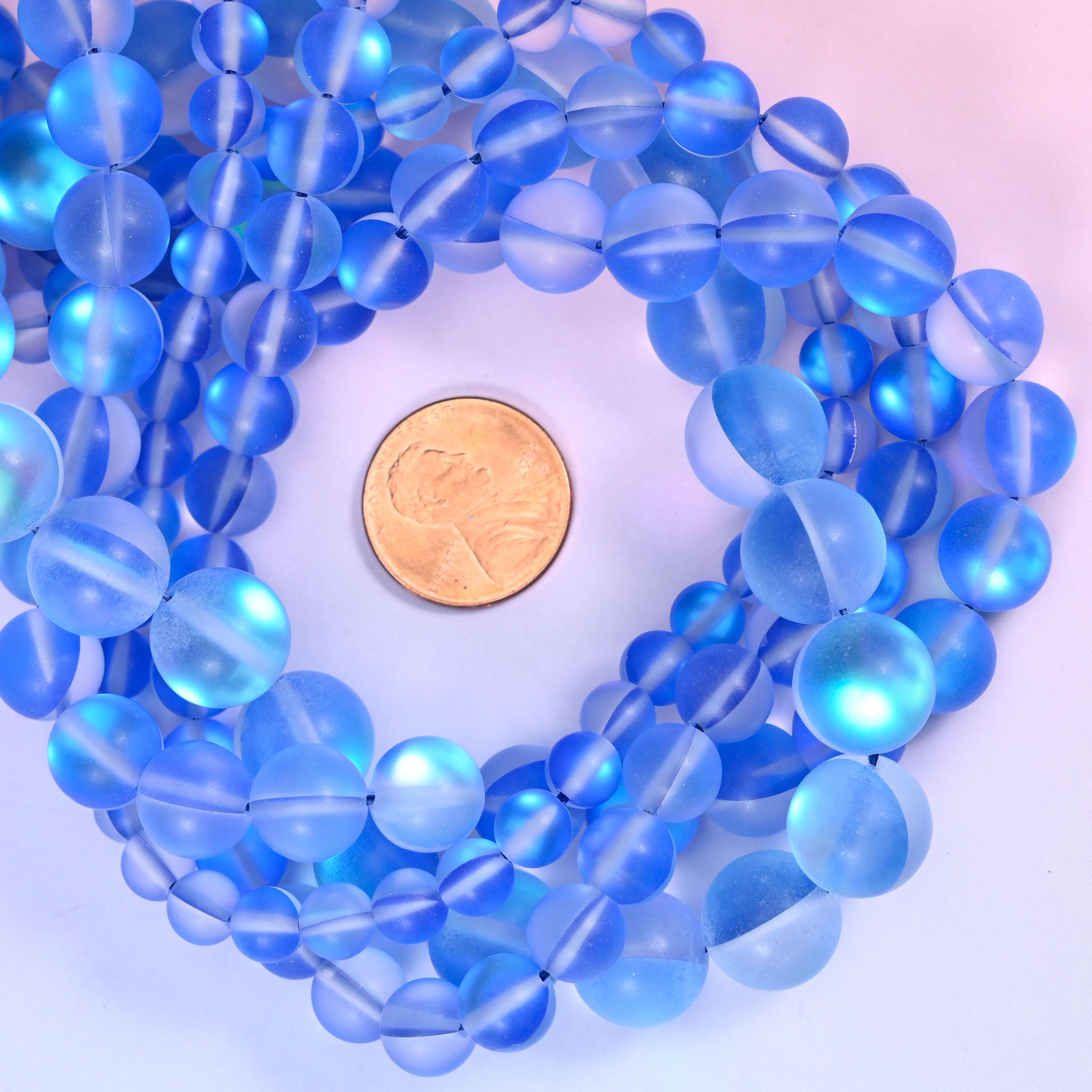 Mystic Aura Matte Blue Round Glass Beads: Iridescent Jewelry Making Supply, 15 Inch Strand