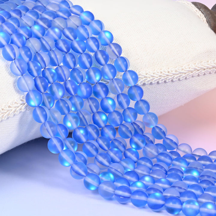 Mystic Aura Matte Blue Round Glass Beads: Iridescent Jewelry Making Supply, 15 Inch Strand