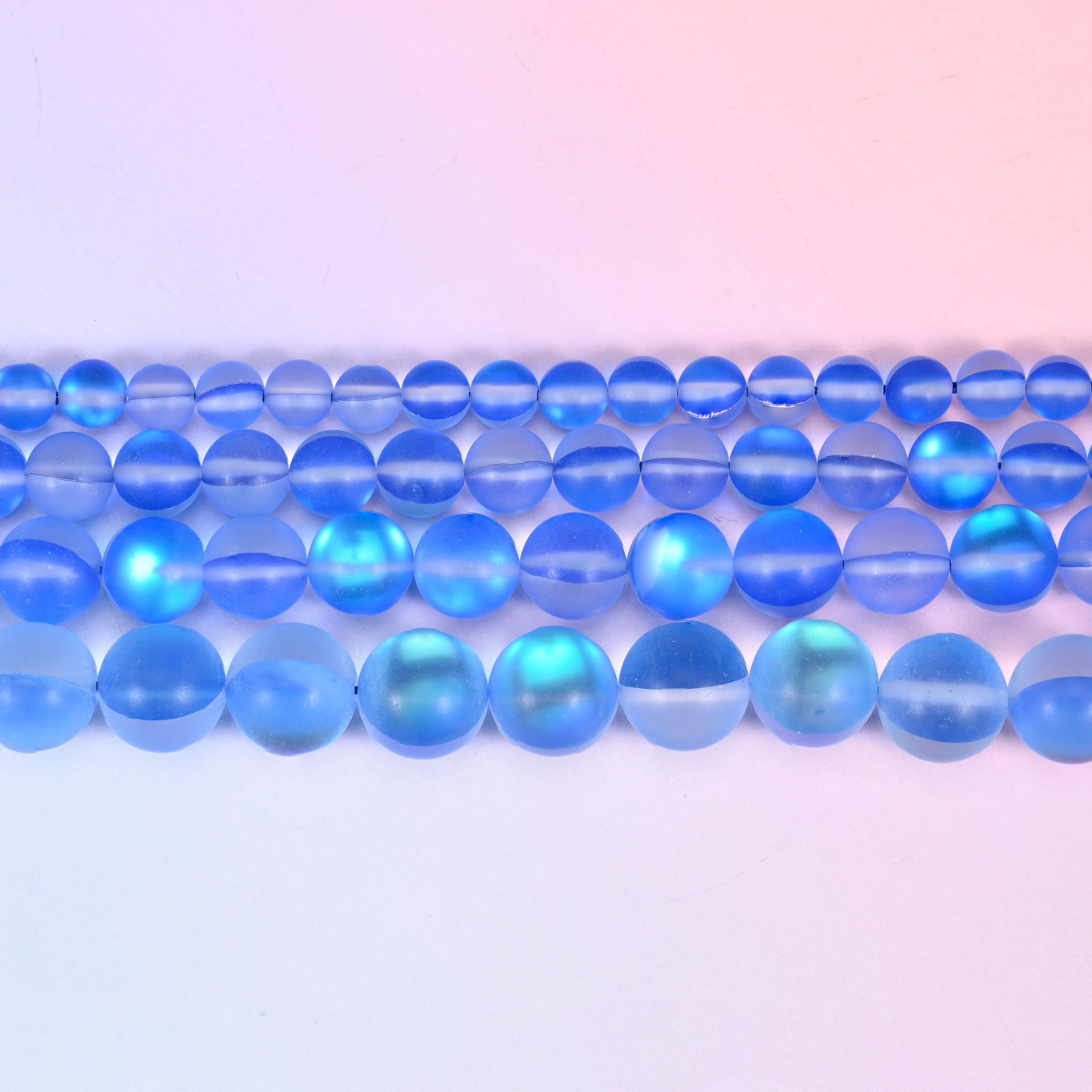 Mystic Aura Matte Blue Round Glass Beads: Iridescent Jewelry Making Supply, 15 Inch Strand