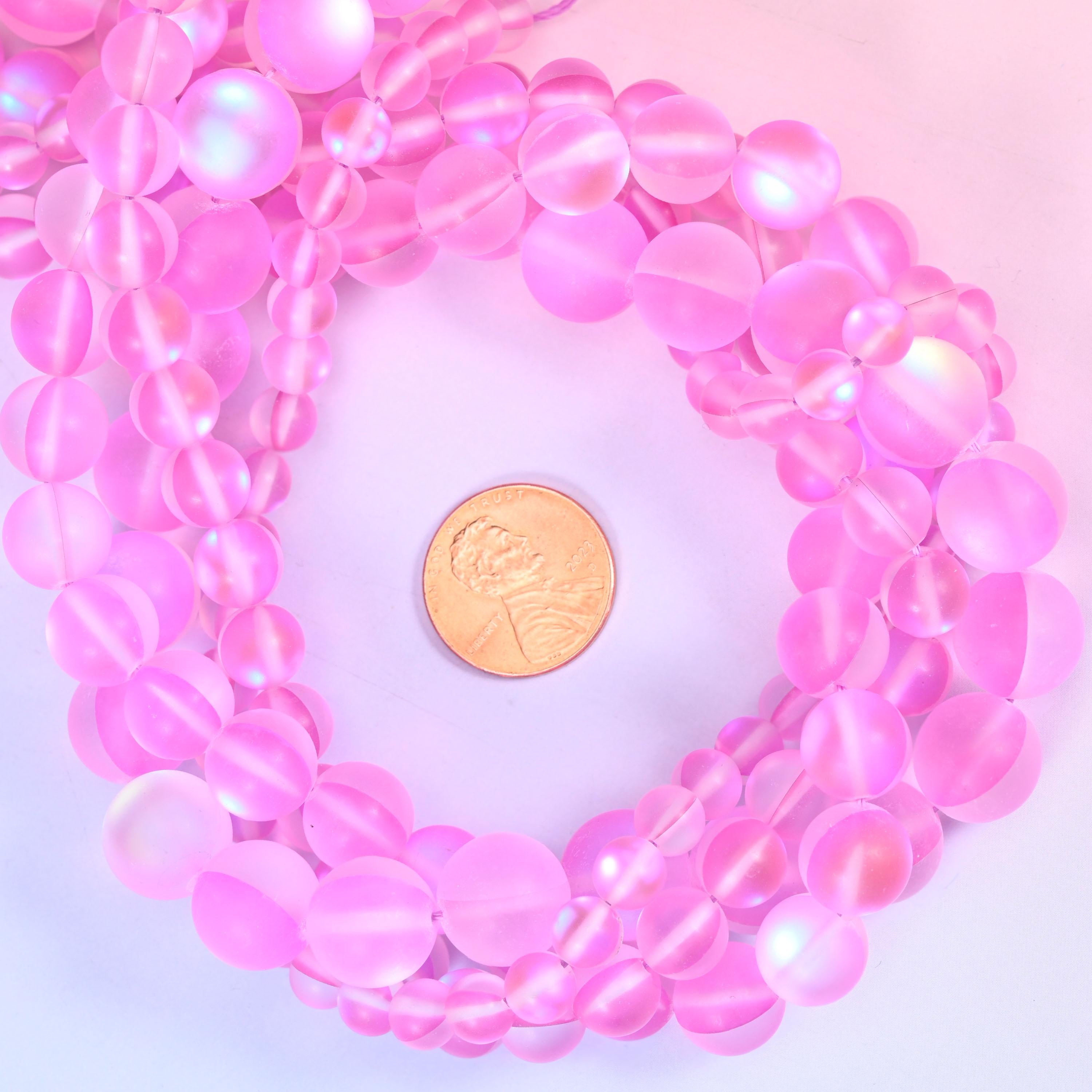 Mystic Aura Matte Pink Round Glass Beads: Iridescent Jewelry Making Supply