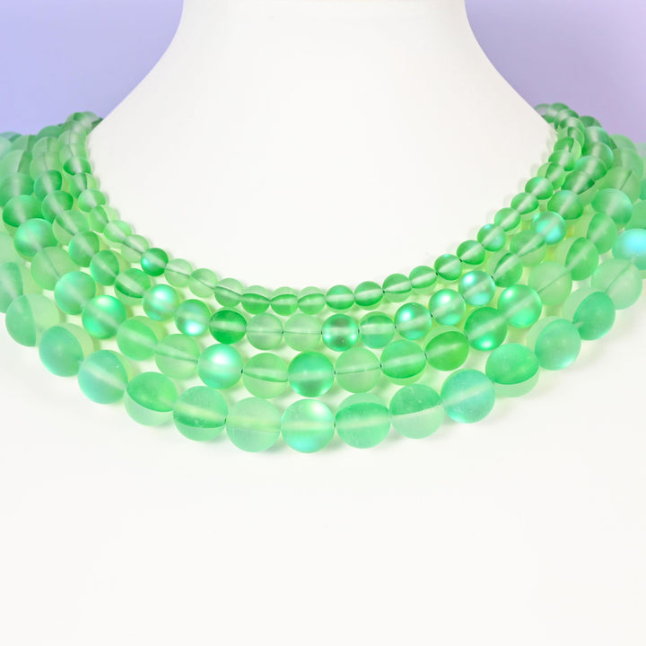 Mystic Aura Matte Green Round Glass Beads: Iridescent Jewelry Making Supply