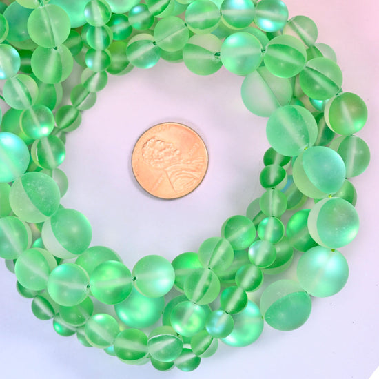 Mystic Aura Matte Green Round Glass Beads: Iridescent Jewelry Making Supply