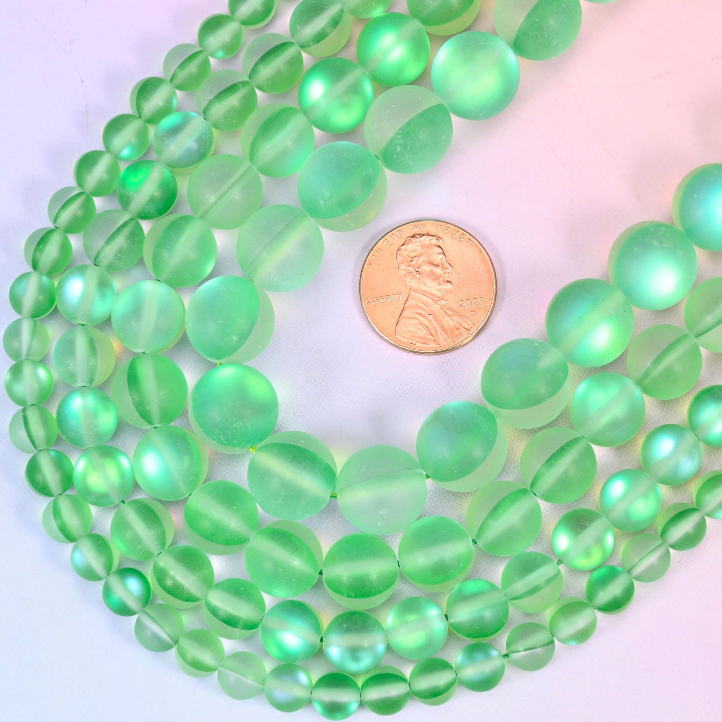 Mystic Aura Matte Green Round Glass Beads: Iridescent Jewelry Making Supply