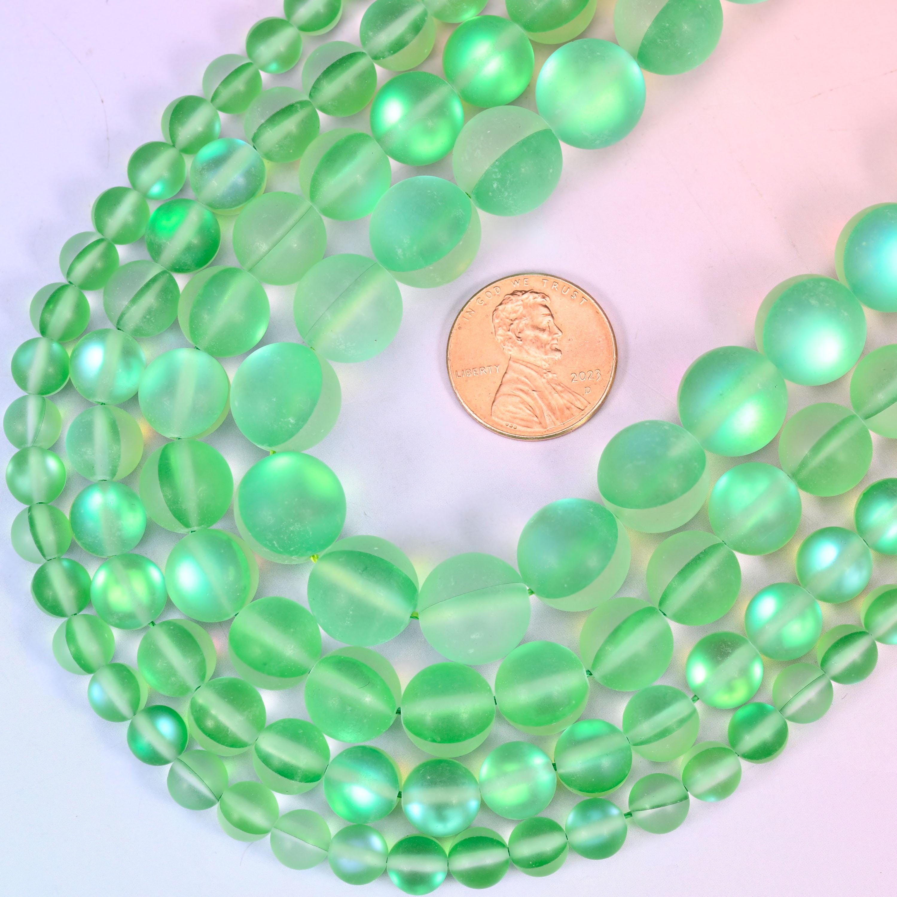 Mystic Aura Matte Green Round Glass Beads: Iridescent Jewelry Making Supply