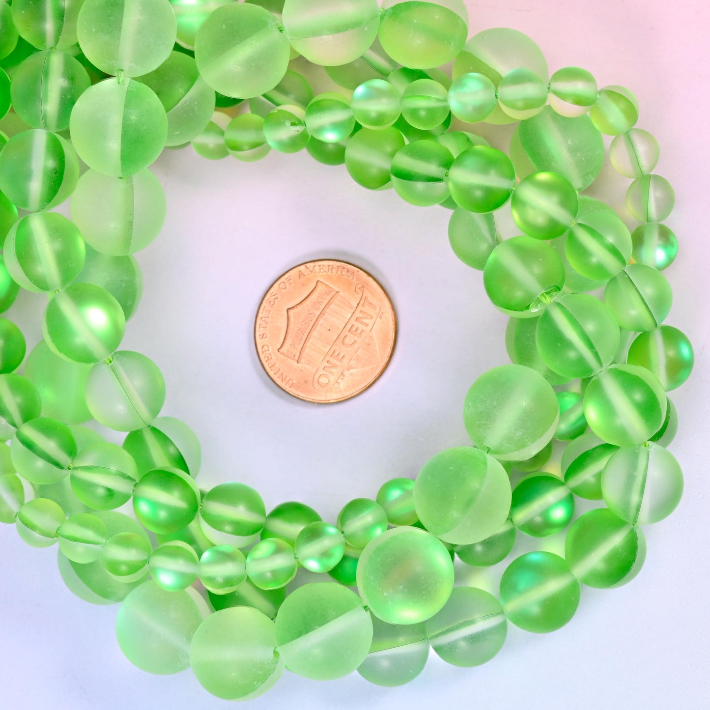 Mystic Aura Matte Light Green Round Glass Beads: Iridescent Jewelry Making Supply
