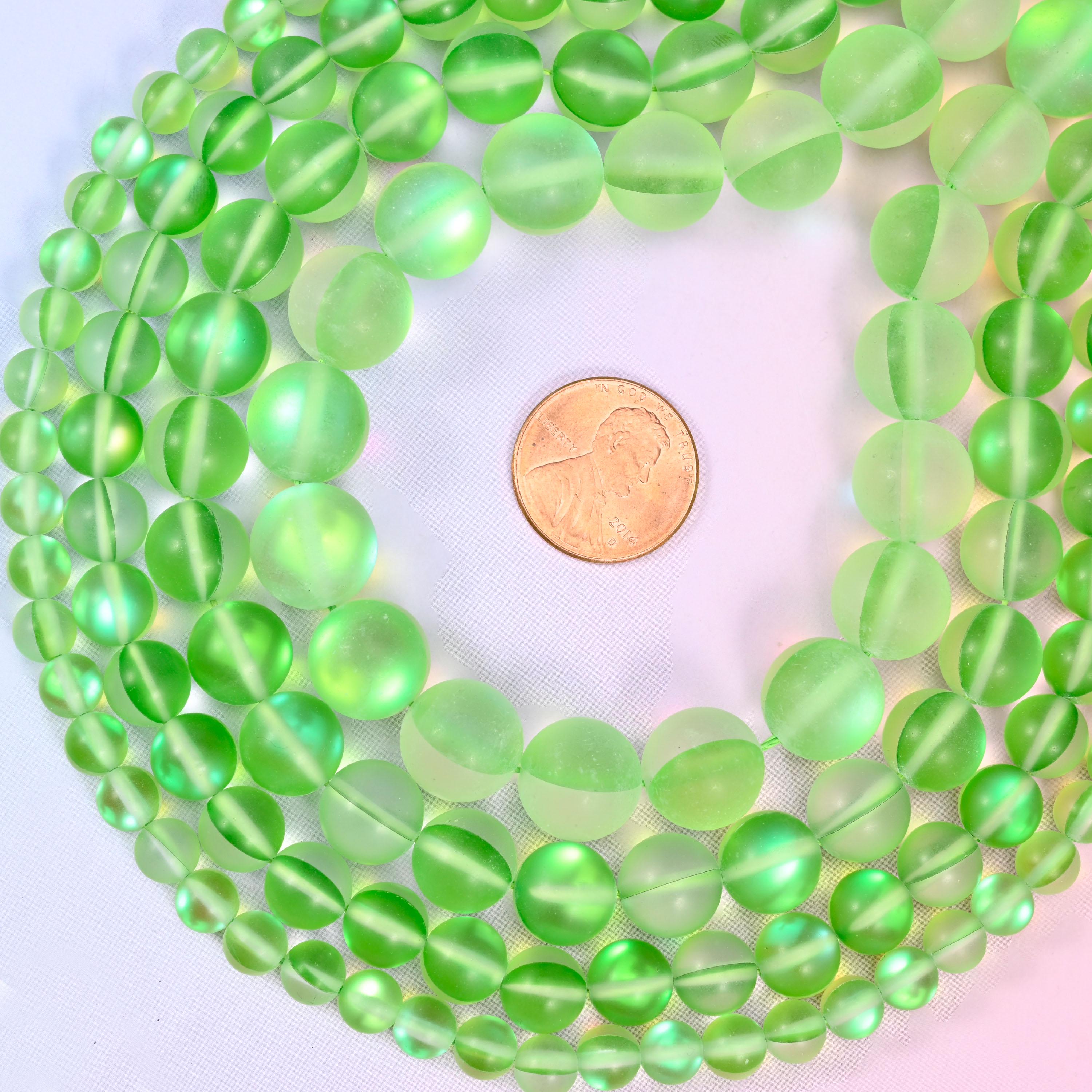 Mystic Aura Matte Light Green Round Glass Beads: Iridescent Jewelry Making Supply